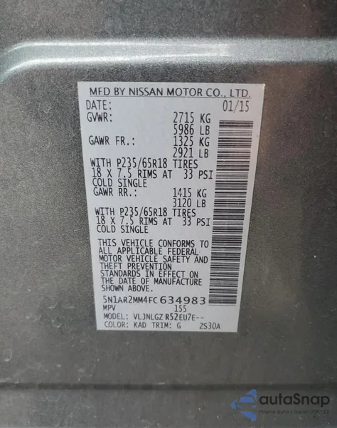 2015 Nissan Pathfinder S z USA, uszkodzony, nr VIN 5N1AR2MM4FC634983